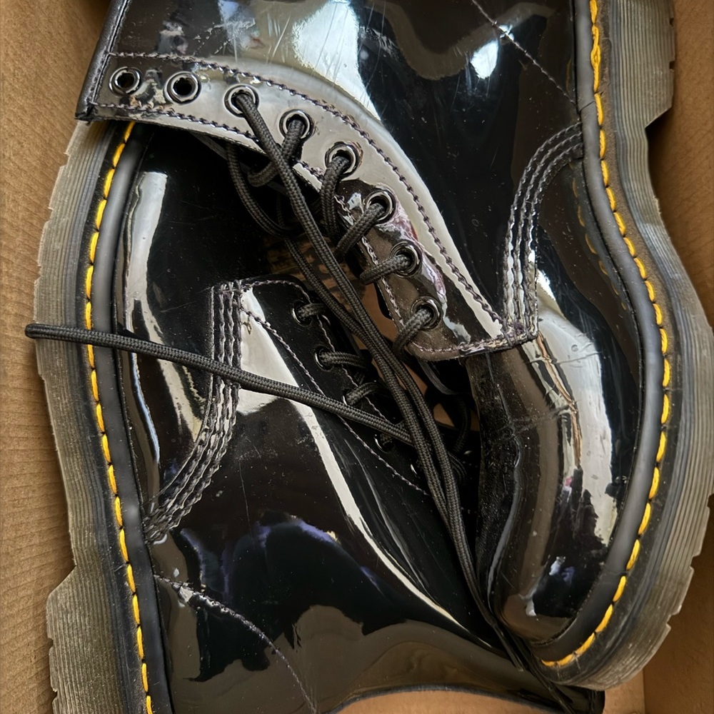 Black Patent Leather Boots with Yellow Stitching